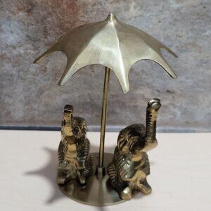 Vintage Two Elephants Trunks Raised  Under Umbrella Solid Brass Statue